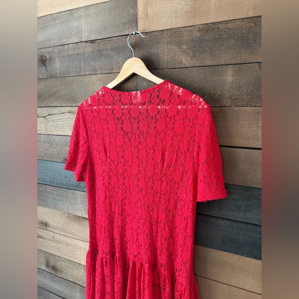 Vintage 90s Lace Dress Diana Marco Red Button Front - Picture 7 of 9